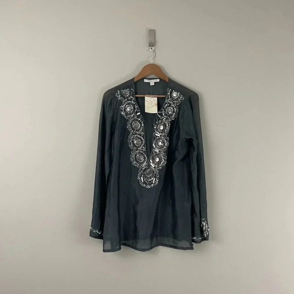 Boston Proper Gray Cotton Blend Embellished Tunic Top Size Medium - Picture 1 of 6